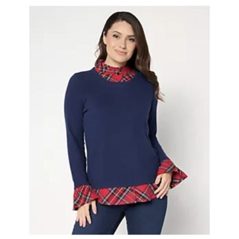 Kim Gravel Women's Peek a Boo Ruffle Tartan Top Twilight Navy LARGE NEW!!